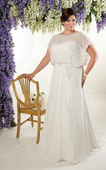 casual caped Sheath plus size wedding dress With Beading And Low-V Back