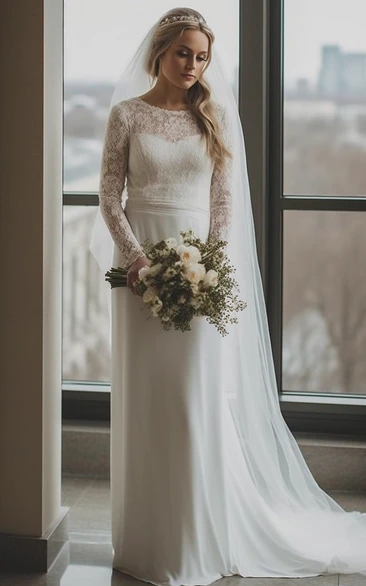Scoop-neck Lace Long Sleeve Chiffon Wedding Dress with Sweep Train