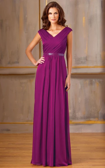 Cap-Sleeved V-Neck A-Line Long Mother Of The Bride Dress With Sequined Waist
