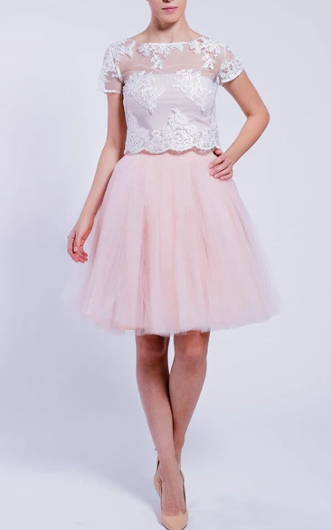 Bateau Short Sleeve short A-line Tulle Dress With Illusion Lace top