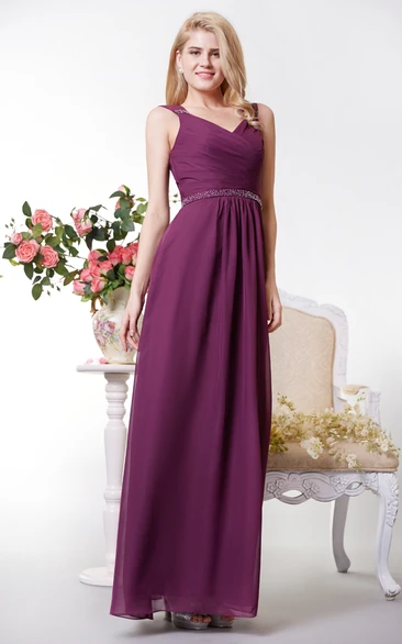 Long Jeweled Waist Formal Chiffon Graceful Floor-Length Dress