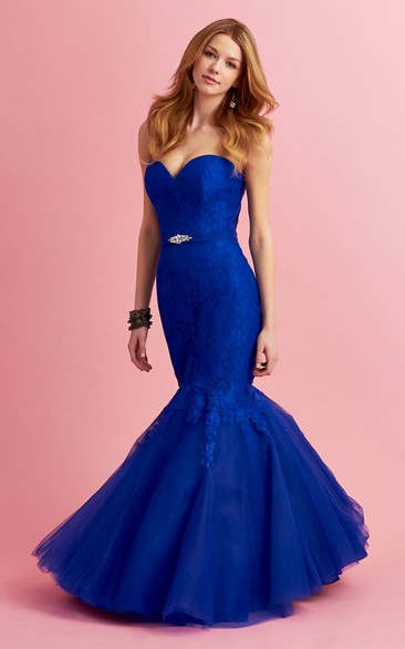 Trumpet Tulle Appliqued Full-Length Sweetheart Sleeveless Strapless Lace Dress