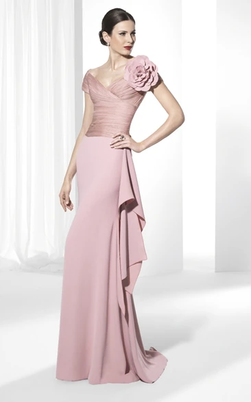 Sheath V-neck Short Sleeve Floor-length Jersey Mother Of The Bride Dress with Ruching and Draping