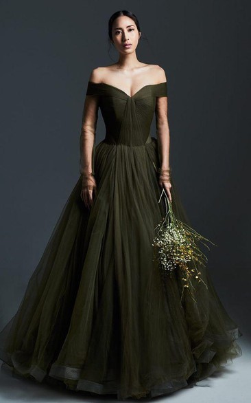Modern A Line Off-the-shoulder Tulle Floor-length Long Sleeve Formal Dress with Ruching