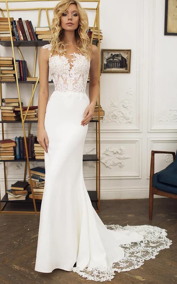 Jewel Satin%%Lace Sleeveless Court Train Button Illusion Mermaid Wedding Dress