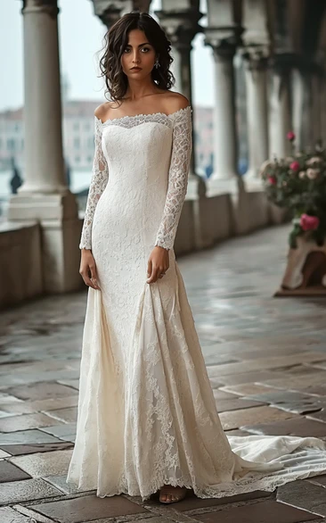 Off the Shoulder Long Sleeves Court Train Lace Bridal Gown