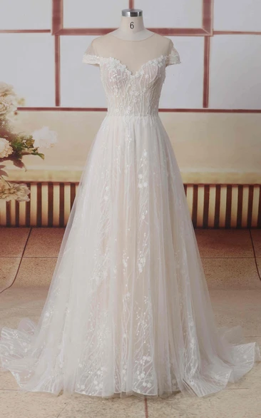 Tulle Jewel Neck Short Illusion Sleeves A-line Lace Wedding Dress With Illusion Back And Pleats