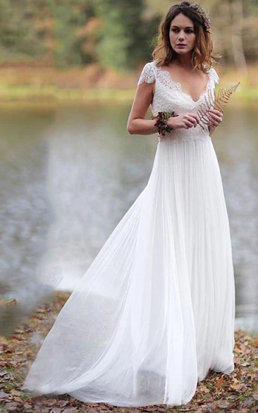 Simple Sheath Chiffon and Lace Cap Sleeve Wedding Dress