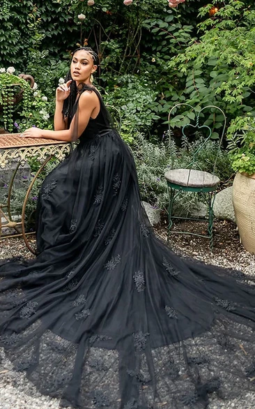 Black Gothic A Line V Neck Court Train Tulle Wedding Dress with Appliques and Draping