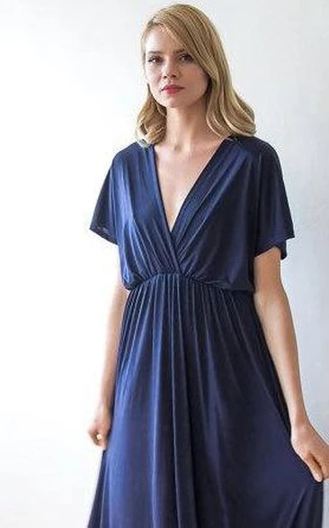 Plunged Short Sleeve Ruched long Dress With Low-V Back