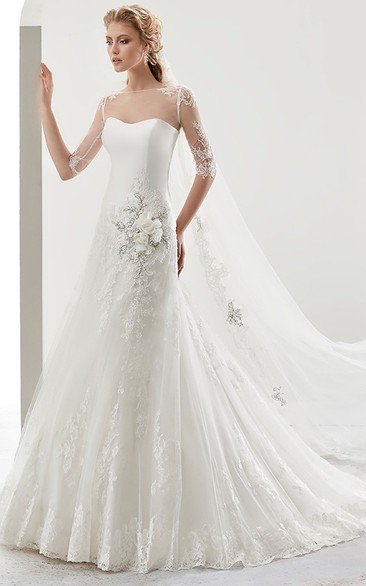 A-line Bateau Half Sleeve Floor-length Tulle Wedding Dress with Illusion and Flower