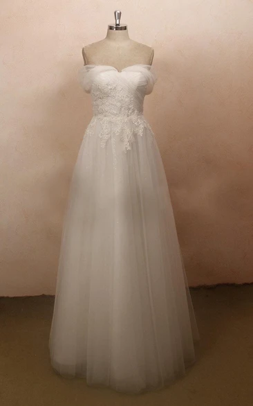 Lace Rhinestone Wedding Tulle Cap-Sleeve Satin Gown