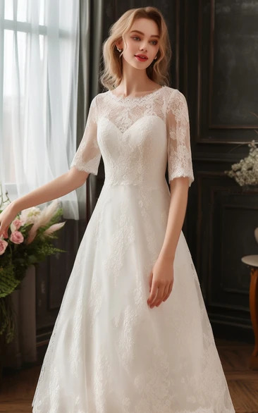 Charming Scoop-neck Half-sleeve Lace A-line Wedding Dress