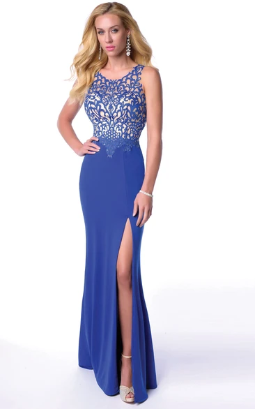 Sheath Scoop Sleeveless Floor-length Jersey Prom Dress with Keyhole and Split Front