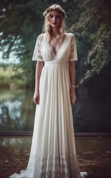 V-neck Half-sleeve Chiffon Simple Godness Wedding Dress