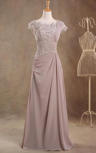 Single-Strap Jeweled Top Long Cap-Sleeve Jewel Chiffon Dress