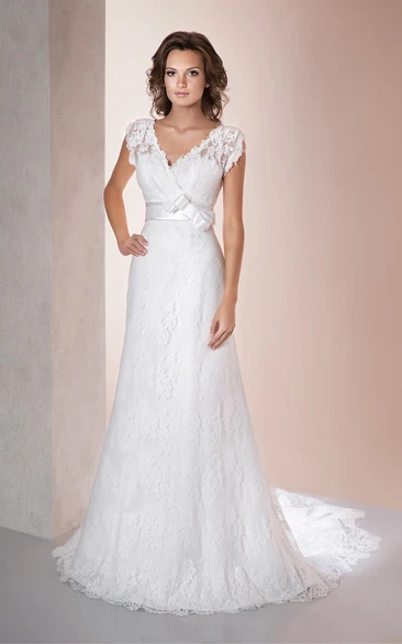 Poet-Sleeve Appliqued Bow Long A-Line Lace Gown