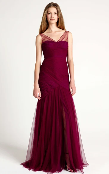 Mermaid/Trumpet V-neck Sleeveless Floor-length Tulle Bridesmaid Dress with Ruching and Front Split