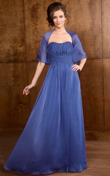 Strapless Ruched Mother of the Bride Dress With Appliques And cape