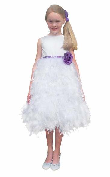 Sleeveless V-Neckline Tea-Length Satin Flower Girl Dress