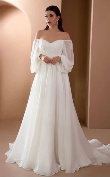 Off-the-shoulder Chiffon Ruched Boho A-line Simple Flowy Puff-sleeve Wedding Dress