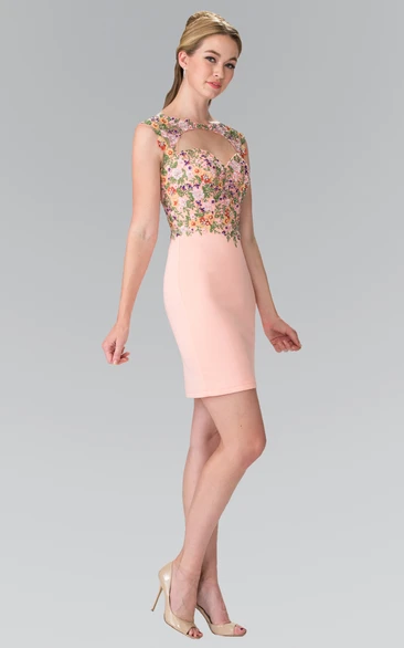 Pencil Mini Bateau Cap-Sleeve Jersey Keyhole Dress With Appliques And Flower