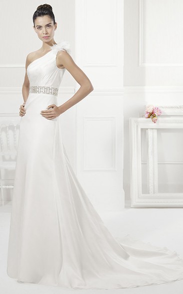 Asymmetrical Chiffon One-Shoulder Empire Wedding Dress with Beaded Waist
