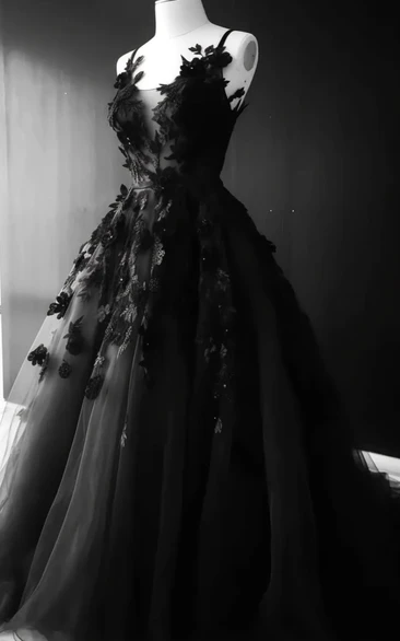 Ball Gown Spaghetti Applique Black Empire A-line Applique Gothic Evening Wedding Dress
