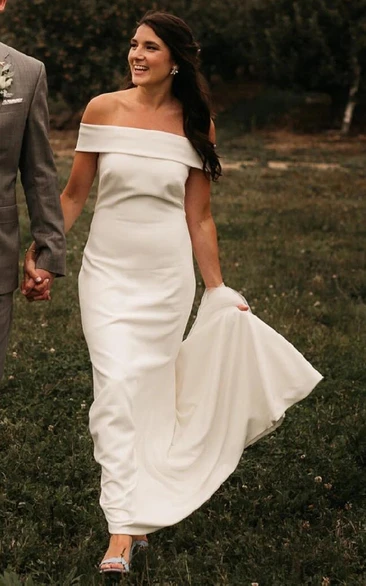 Off-the-shoulder Satin Sleeveless Court Train Zipper Trumpet Wedding Dress