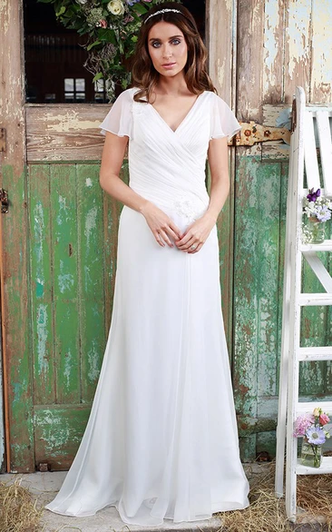 Plunged Chiffon Poet-sleeve Ruched Wedding Dress With Flower