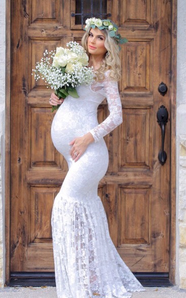 Mermaid Scoop Pleated Long Sleeve Floor-length Lace Maternity Wedding Dress
