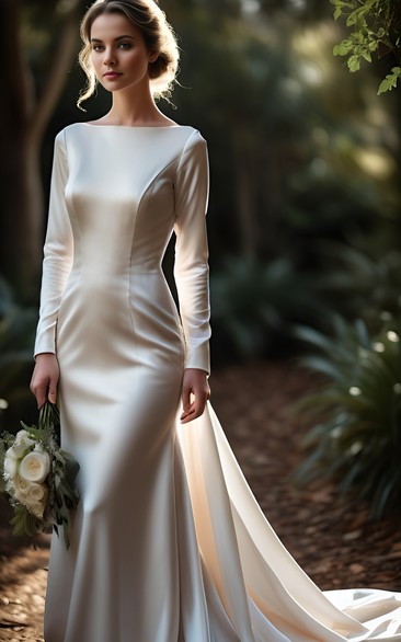 Satin Bateau-neck Long Sleeve Solid Casual Wedding Dress