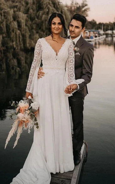 Lace Puff-long-sleeve V-neck Empire Chiffon Sweep Train Wedding Dress