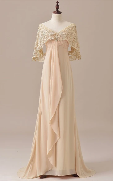 V-Neck Draped Sleeves Empire Long Mother of the Bride Dress