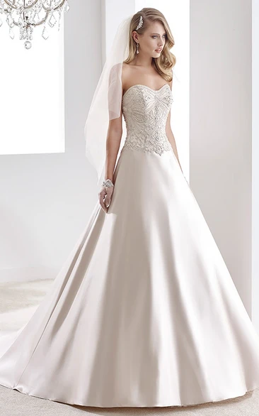 A-line Sweetheart Sleeveless Floor-length Satin Wedding Dress with Corset Back and Beading