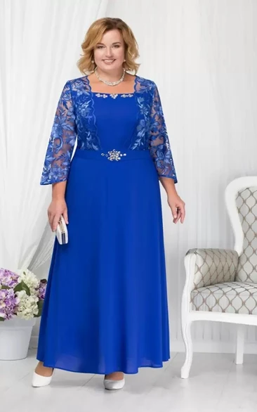 Plus Size Beaded Lace Square Neck Long Sleeves A Line Chiffon Mother Of The Bride Dress