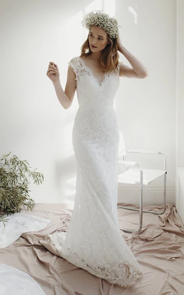 Lace Sheath Deep V-neck Cap Sleeve Bridal Gown With Deep V-neck And Court Train