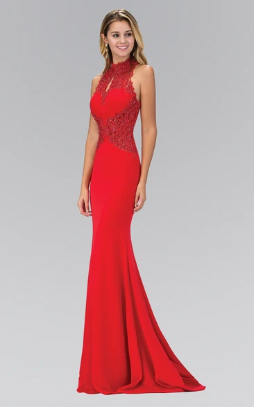 Sheath High Neck Sleeveless Brush Train Jersey Prom Dress with Appliques