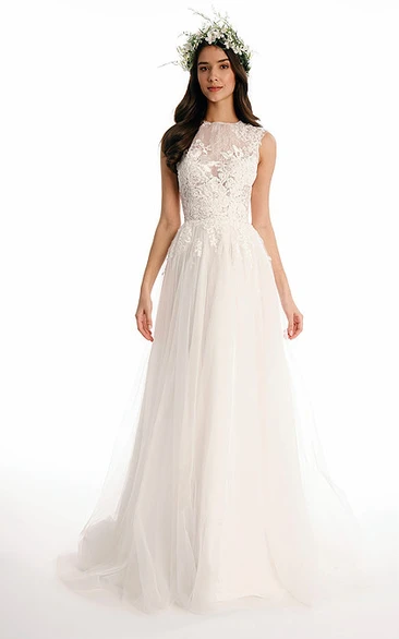 Tulle Jewel-Neck Sleeveless A-line Dress With Illusion And Lace