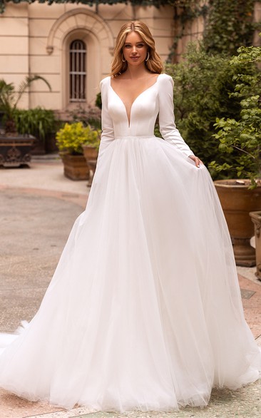 Romantic Satin Ball Gown V-neck Chapel Train Wedding Dress with Ruching