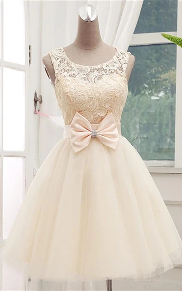 Scoop-neck Sleeveless short Tulle A-line Dress With Lace And bow