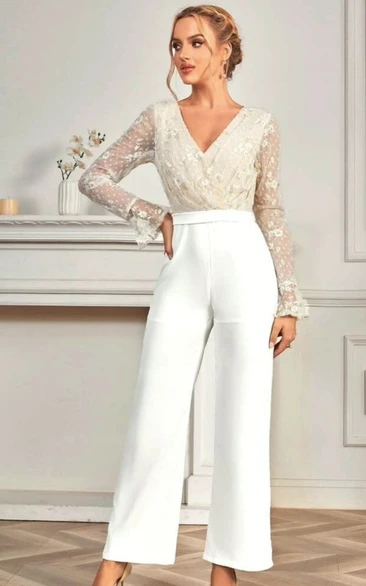 Elegant Long V Neckline Sequin Wedding Jumpsuit
