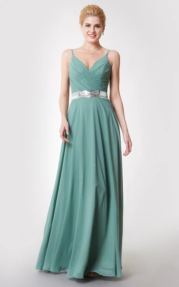 Ruched Jeweled Satin Ribbon V-Neckline Demure Chiffon Gown