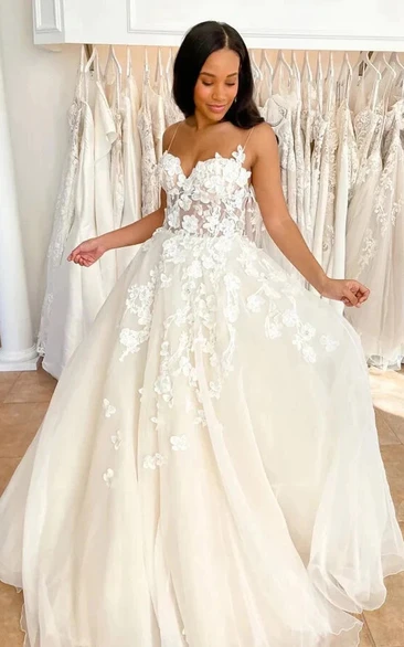 Spaghetti Lace Applique Empire A-line Ball Gown Sweep Train Wedding Dress