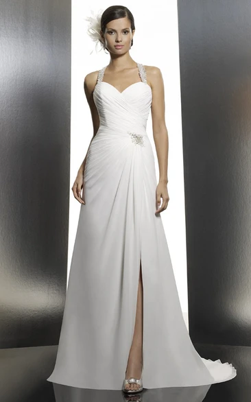 A-line Halter Sleeveless Floor-length Chiffon Wedding Dress with Ruching and Split Front