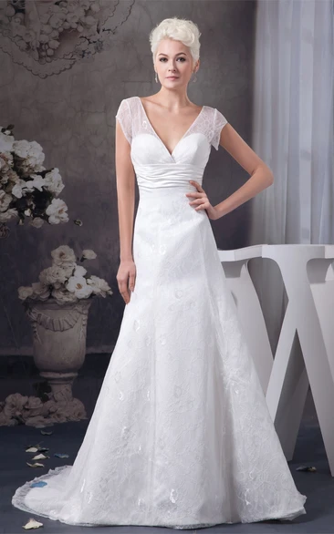 Appliqued Ruched Waist Caped-Sleeve Plunged Gown