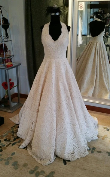 Pleated Halter Bridal Sleeveless Elegant A-Line Lace Dress