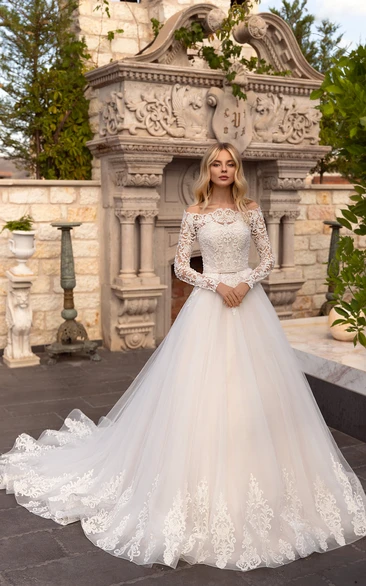 Off-the-shoulder Illusion Long Sleeve Ballgown Lace Tulle Wedding Dress With Sash And Button Back
