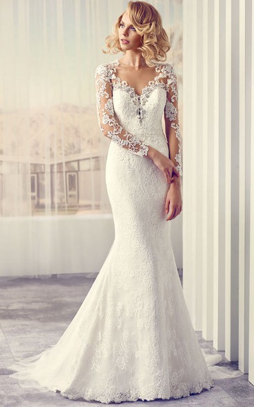 plunged Long Sleeve Lace Wedding Dress With Illusion back