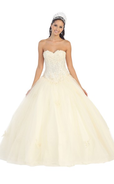 Long Sequined Appliqued Sweetheart Strapless Lace-Up Sleeveless Ball Gown